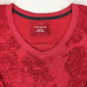 NEW!  DKNY red embellished pullover french terry long sleeve top - SZ M